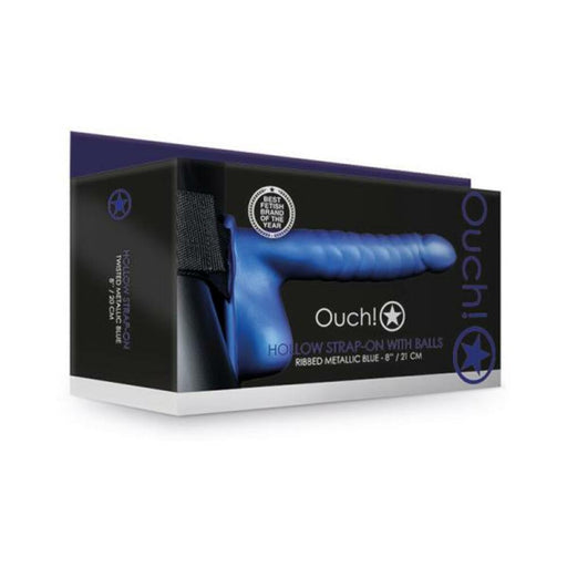 Ouch! Ribbed Hollow Strap-on With Balls 8 In. Metallic Blue | SexToy.com