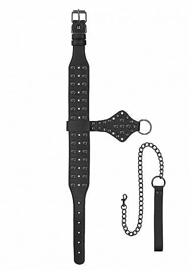 Ouch! Skulls & Bones Neck Chain With Spikes And Leash Black | SexToy.com