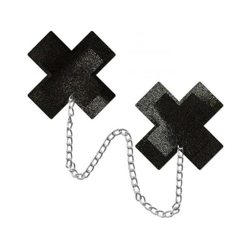 Pastease Chains Liquid Black X Cross W/ Chunky Silver Chain Nipple Pasties - SexToy.com