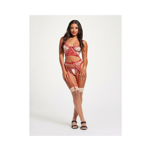 Sheer Stretch Mesh W/floral Contrast Embroidery Bustier, Garter Belt & Thong Red/nude Lg - SexToy.com