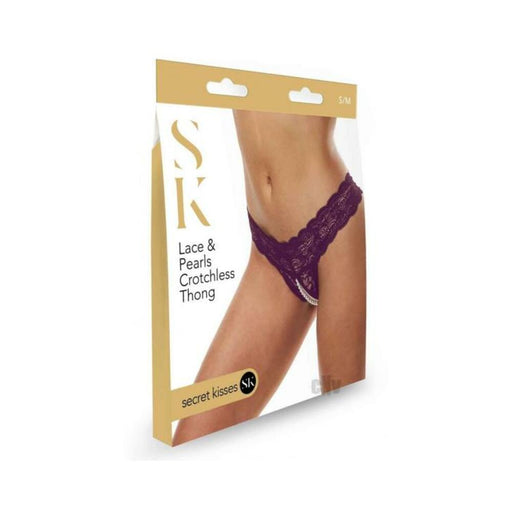 Sk Lace And Pearl Crotchless Thong Pur S/m - SexToy.com