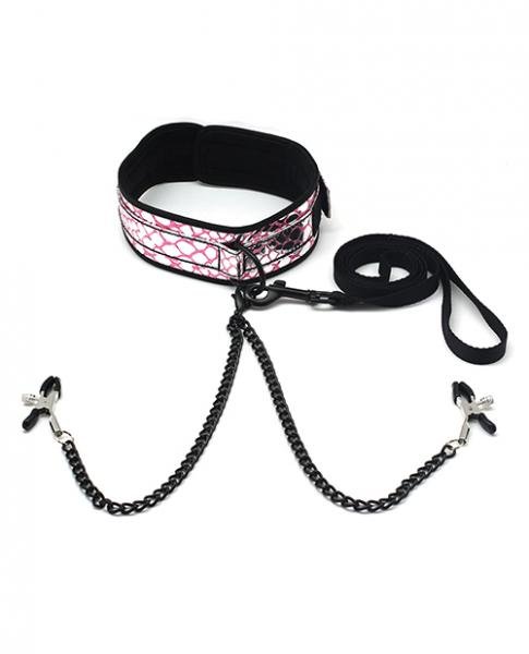 Spartacus Faux Leather Collar, Leash Black Nipple Clamps Pink | SexToy.com