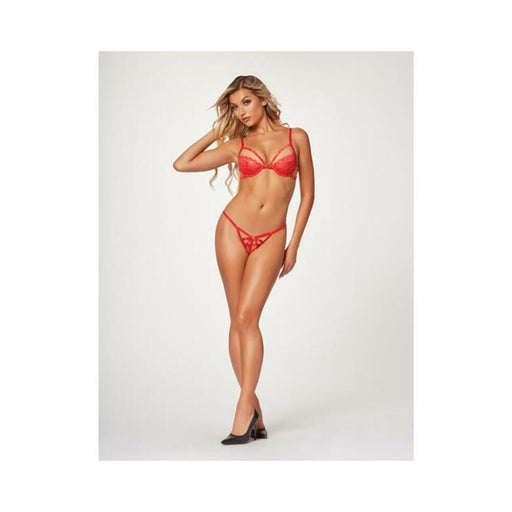 Strappy Sheer Lace Demi Cup Bra & Thong Red Sm - SexToy.com