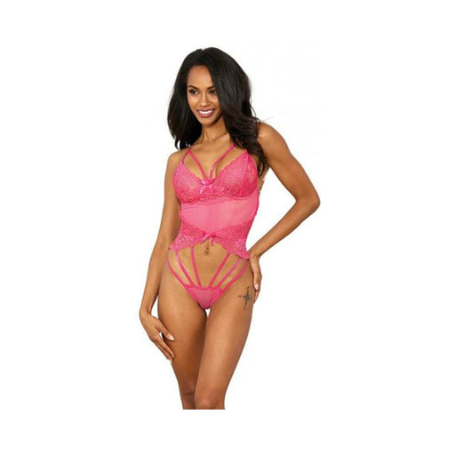 Stretch Lace W/underwire Cups & Strap Thong Detail Teddy Hot Pink Lg - SexToy.com