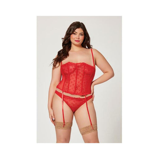 Valentines Heart Embroidered Mesh Bustier & Panty Red 1x/2x - SexToy.com