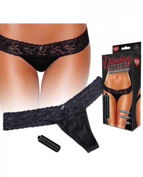Vibrating Lace Thong Hidden Pocket Black M/L | SexToy.com