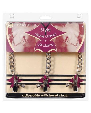 Y Style Adjustable Broad Tip Nipple Clamps With Clit Clamp Silver | SexToy.com