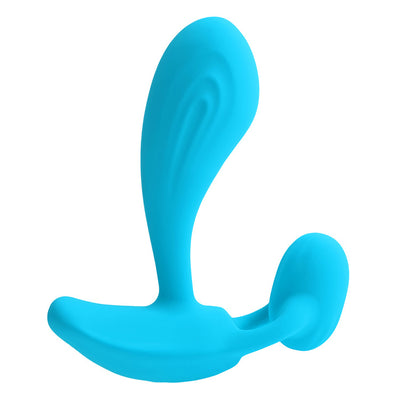 Blue silicone wearable with curved and textured design for hands-free use and remote control functionality.