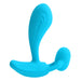 Blue silicone wearable with curved and textured design for hands-free use and remote control functionality.