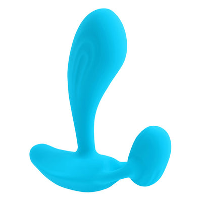 Blue silicone rechargeable wearable with three distinct curved shapes designed for hands-free use.