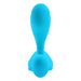 Blue silicone wearable with dual flexible shafts and wide curved base designed for discreet use with remote control.