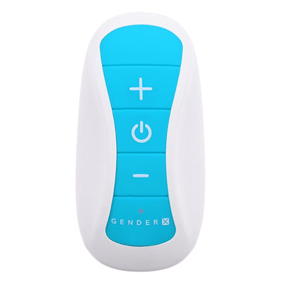 Blue and white Gender X remote control with plus, power, and minus buttons for wearable device