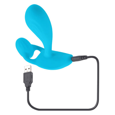 Blue silicone rechargeable wearable with dual flexible shafts and USB charging cable on white background.