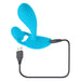 Blue silicone rechargeable wearable with dual flexible shafts and USB charging cable on white background.