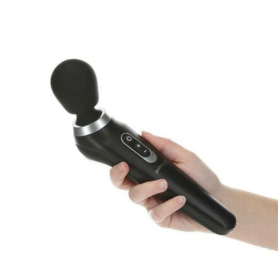 Hand holding a black Palm Power Extreme Body Massager with ergonomic handle and control buttons.