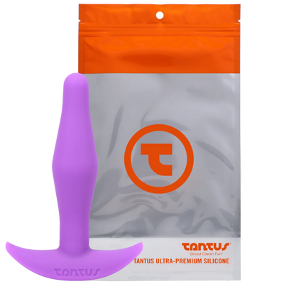 Purple silicone Tantus Little Flirt butt plug with curved base displayed in front of branded resealable pouch packaging.