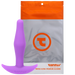 Purple silicone Tantus Little Flirt butt plug with curved base displayed in front of branded resealable pouch packaging.
