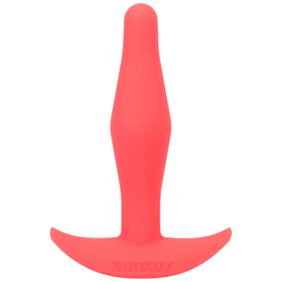 Tantus Little Flirt small tapered silicone butt plug in coral with a wide base for secure fit and comfort.