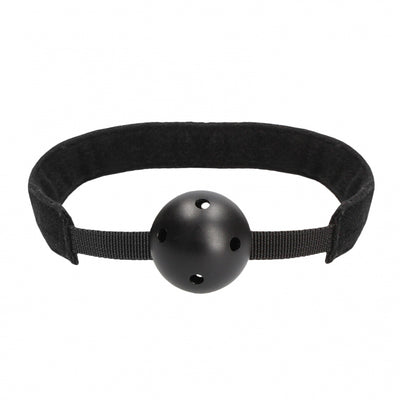 Black adjustable velvet strap ball gag with breathable holes and Velcro closure for comfort and control.
