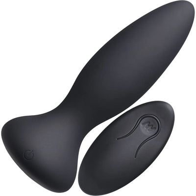 Black silicone rechargeable anal plug with wide base and matching wireless remote control.