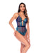 Risk the Feeling Sheer Lace & Mesh Bodysuit w/Back Tie Detail & Snap Crotch - Midnight Blue S/M