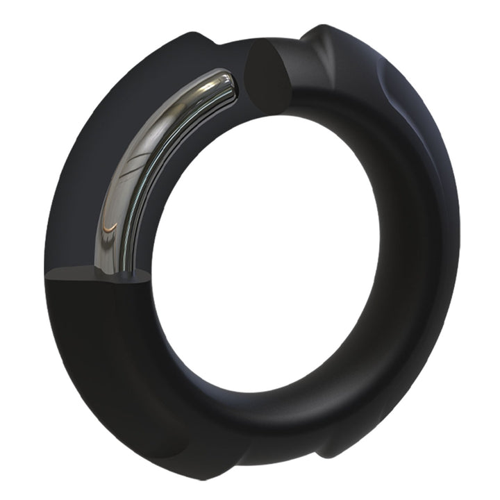 Black silicone cock ring with a metal core, featuring a flexible split-ring design for comfort and durability.