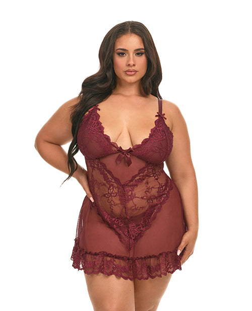 Valentine Lace Babydoll w/Bows & G-Sting - Zinfandel 1X/2X