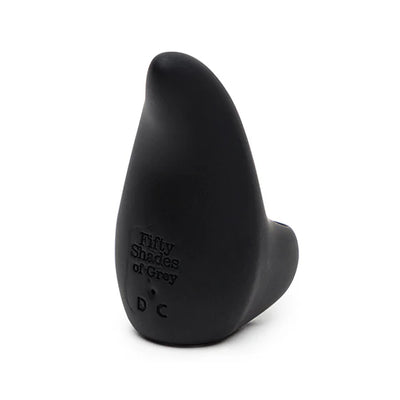 Black silicone finger vibrator with curved tip and Fifty Shades of Grey logo, designed for precise stimulation.