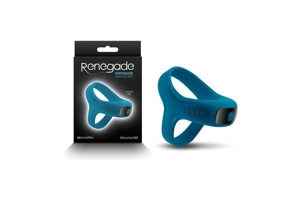 Teal Renegade Emperor vibrating silicone ring with packaging, designed for comfort and powerful vibrations.