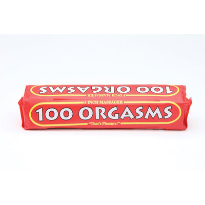 Red rectangular packaging of the Little Genie 100 Orgasms 5-inch massager with bold white and yellow text.
