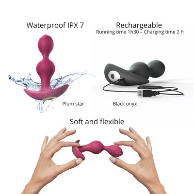 Two-tone anal stimulator in plum and black colors shown waterproof, USB rechargeable, and flexible with hands bending the plum version.