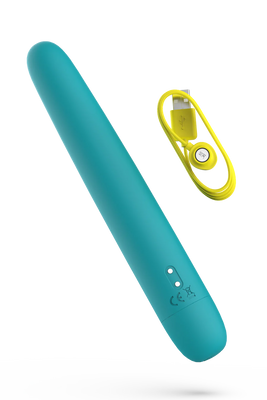 Teal silicone vibrator with smooth finish and yellow USB charging cable on white background.