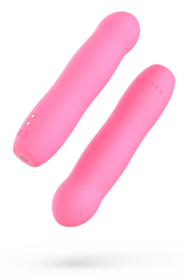 Flamingo pink rechargeable silicone massager with smooth curved design and discreet power button.