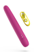 Sleek magenta silicone vibrator with smooth finish and yellow USB charging cable on white background.