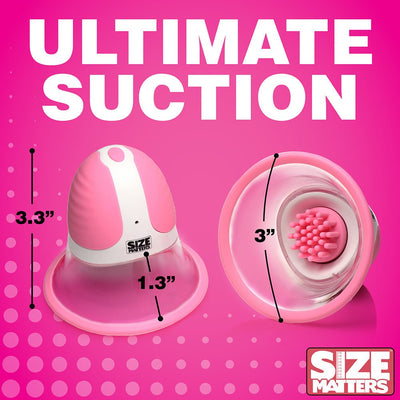 Pink rotating nipple suckers with silicone nubs, showing dimensions and suction cup design on a bright pink background.