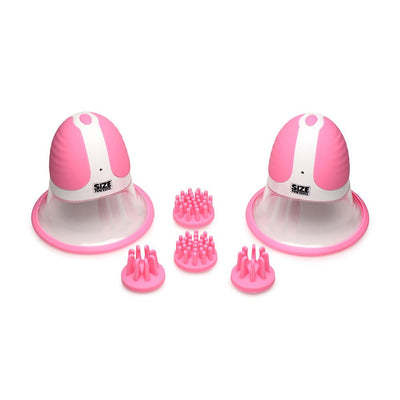 Pair of pink and white rotating silicone nipple suckers with interchangeable textured attachments on a white background.