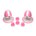 Pair of pink and white rotating silicone nipple suckers with interchangeable textured attachments on a white background.