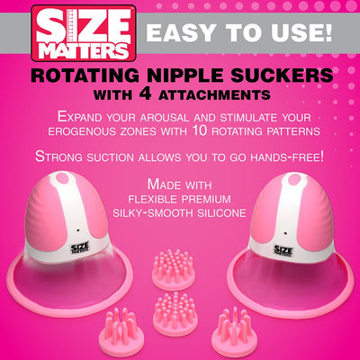 Pink and white rotating nipple suckers with four interchangeable silicone attachments on a pink background with usage and feature text.