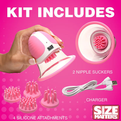Hand holding pink and white rotating nipple sucker with four silicone attachments, USB charger, and product branding on pink background.