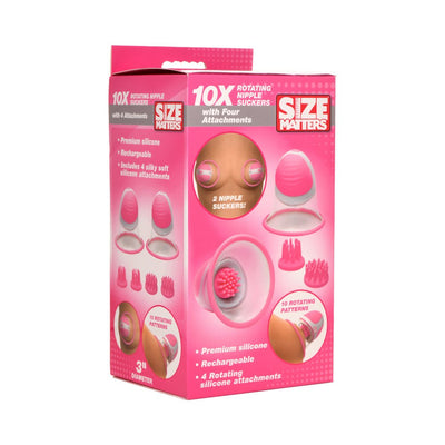 Packaging of 10X rotating nipple suckers in pink with images of the product, attachments, and usage details.