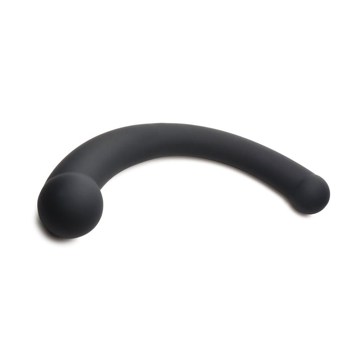 Black silicone dual-ended crescent-shaped vibrator with rounded ends on white background.