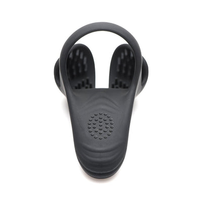 Black silicone vibrating cock ring with textured taint stimulator and flexible design.