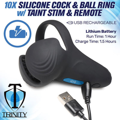 Black silicone vibrating cock and ball ring with taint stimulator and USB charging cable, shown with charging details and Trinity logo.