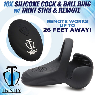 Black silicone vibrating cock and ball ring with textured taint stimulator and wireless remote control.