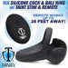 Black silicone vibrating cock and ball ring with textured taint stimulator and wireless remote control.