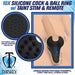 Black silicone vibrating cock and ball ring with textured area for testicle wrap and taint stimulation, shown on a model with remote control.