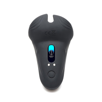 Black silicone vibrating cock ring with remote control and blue LED display on a white background.