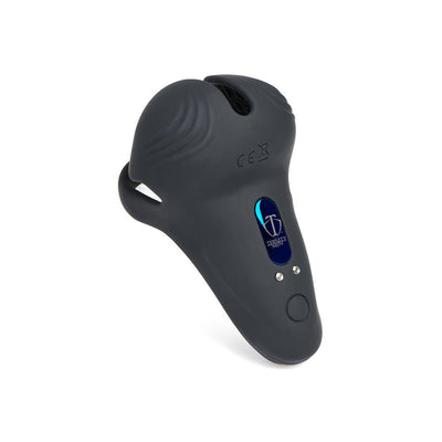 Black silicone vibrating cock ring with taint stimulator and remote control, featuring textured design and control buttons.