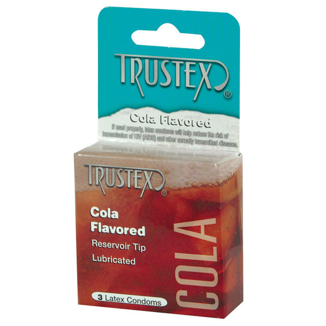 Trustex Cola flavored lubricated latex condoms 3-pack with reservoir tip in cola-themed packaging.