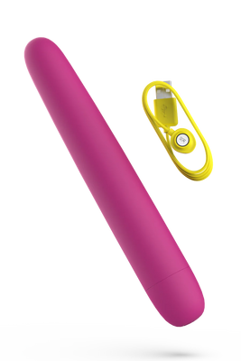 Sleek magenta silicone vibrator with smooth rounded tip and yellow USB charging cable on white background.